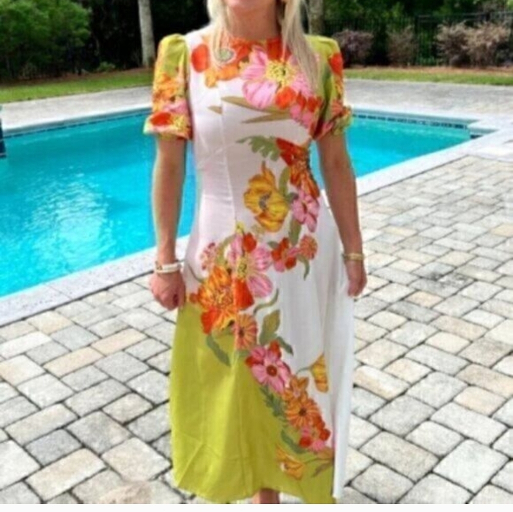 Floral Short Sleeve Tropical  Puff Sleeve Crew Neck Midi Dress L